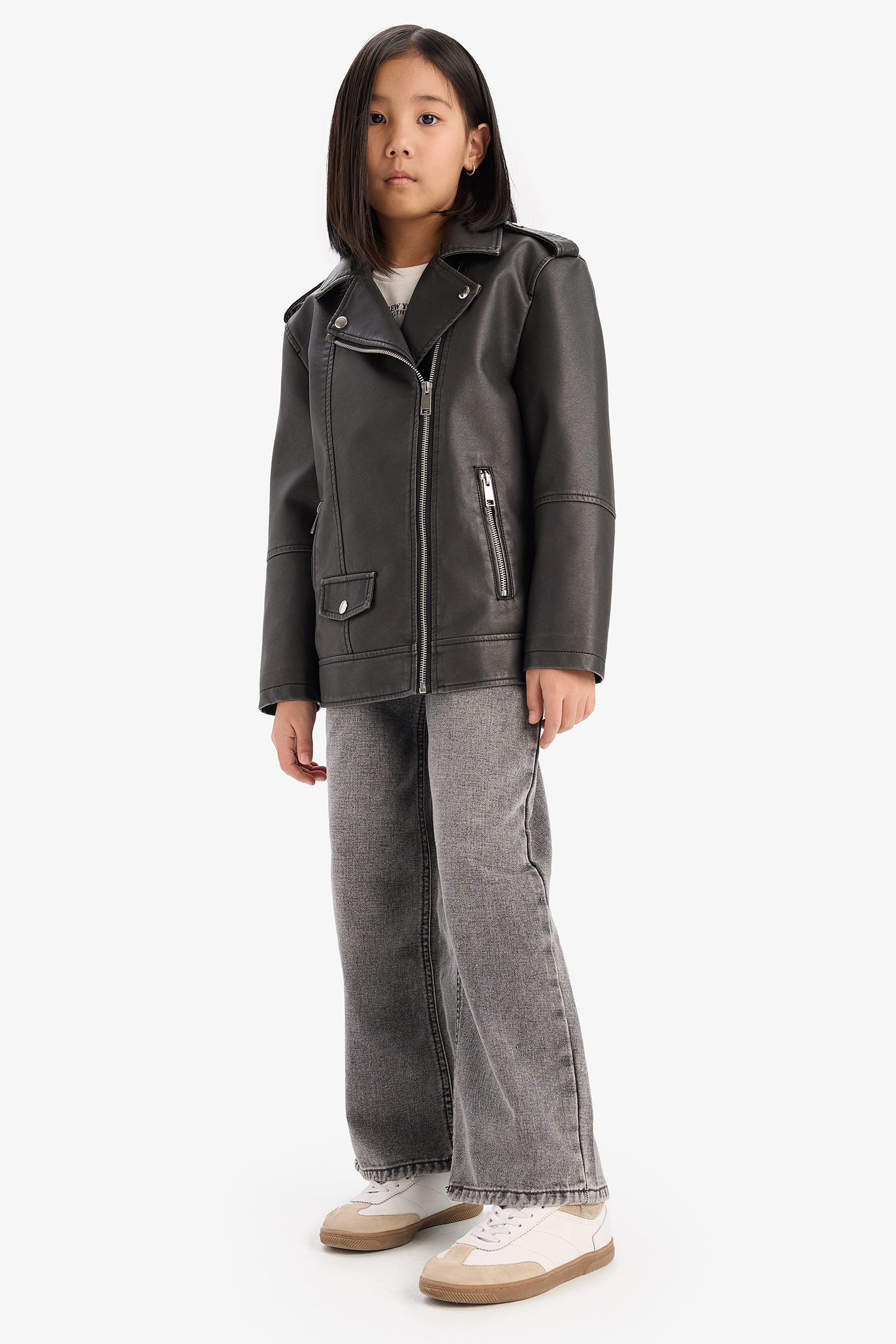 Defacto Girl Zip-Up Double Pocket Faux Leather Waterproof Jacket