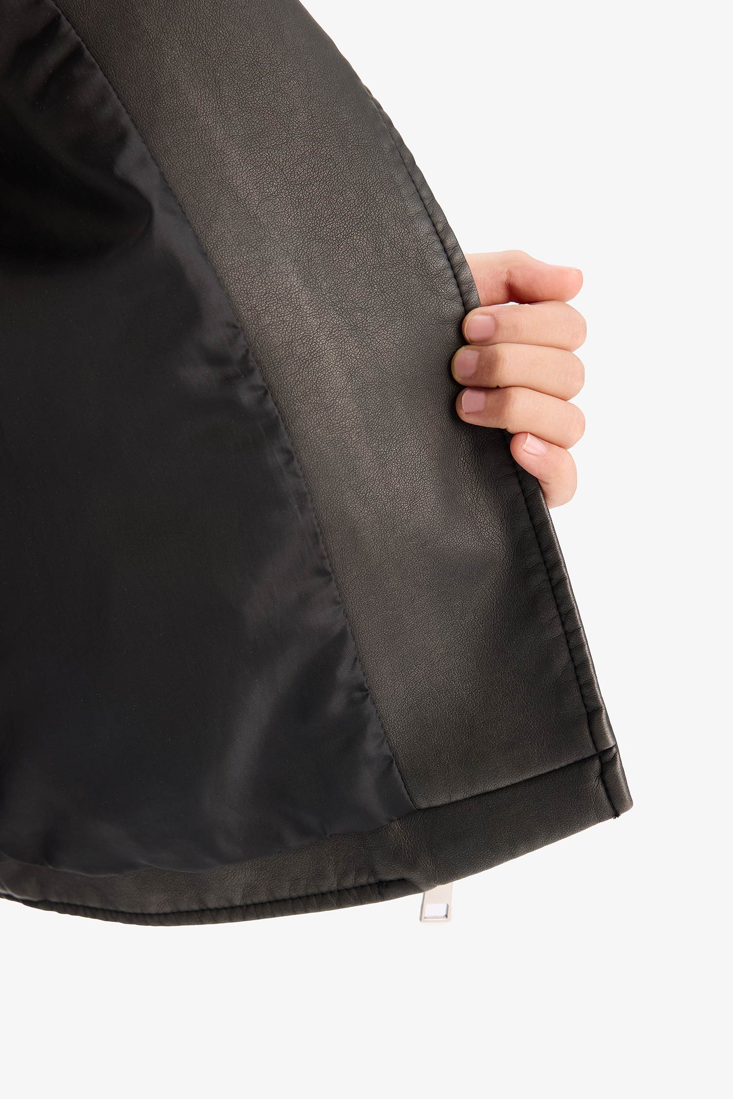 Defacto Girl Zip-Up Double Pocket Faux Leather Waterproof Jacket