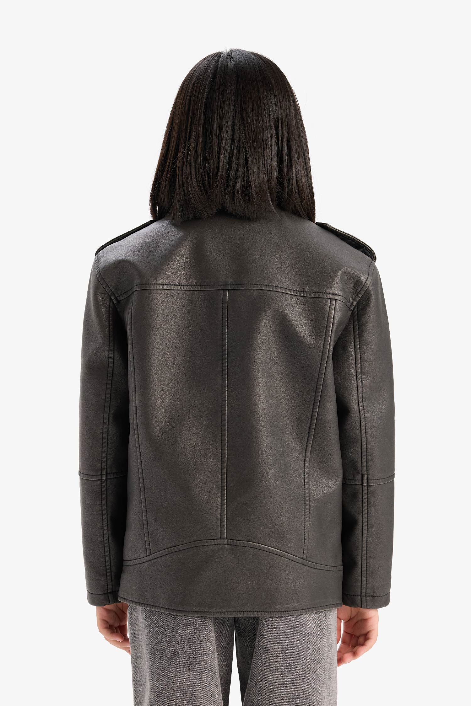 Defacto Girl Zip-Up Double Pocket Faux Leather Waterproof Jacket