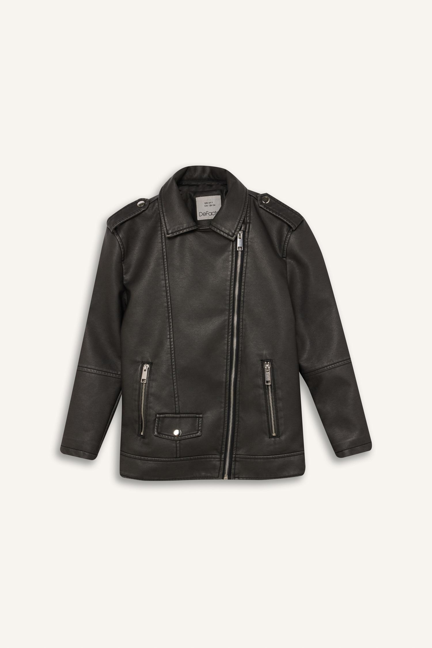 Defacto Girl Zip-Up Double Pocket Faux Leather Waterproof Jacket