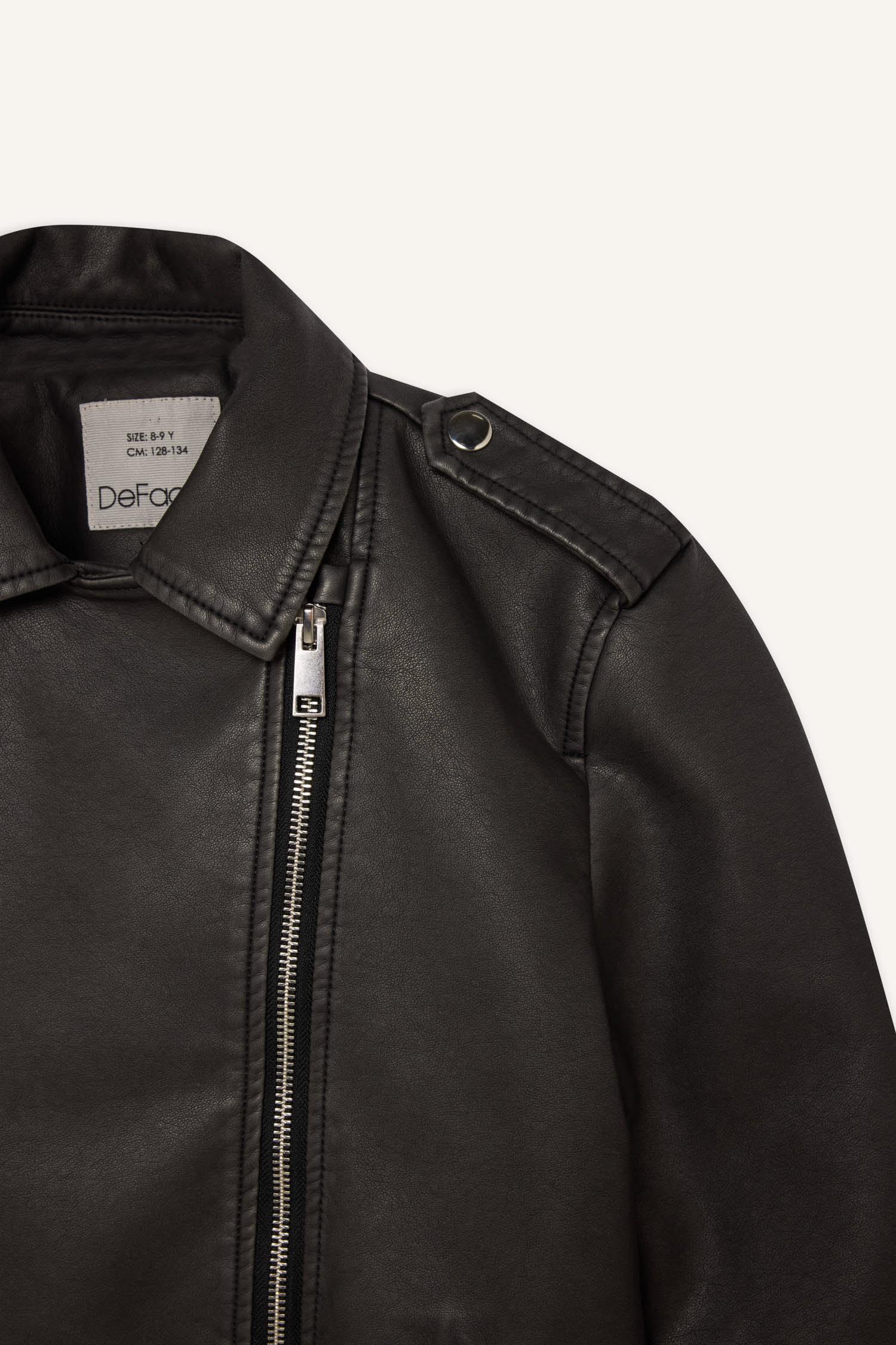 Defacto Girl Zip-Up Double Pocket Faux Leather Waterproof Jacket