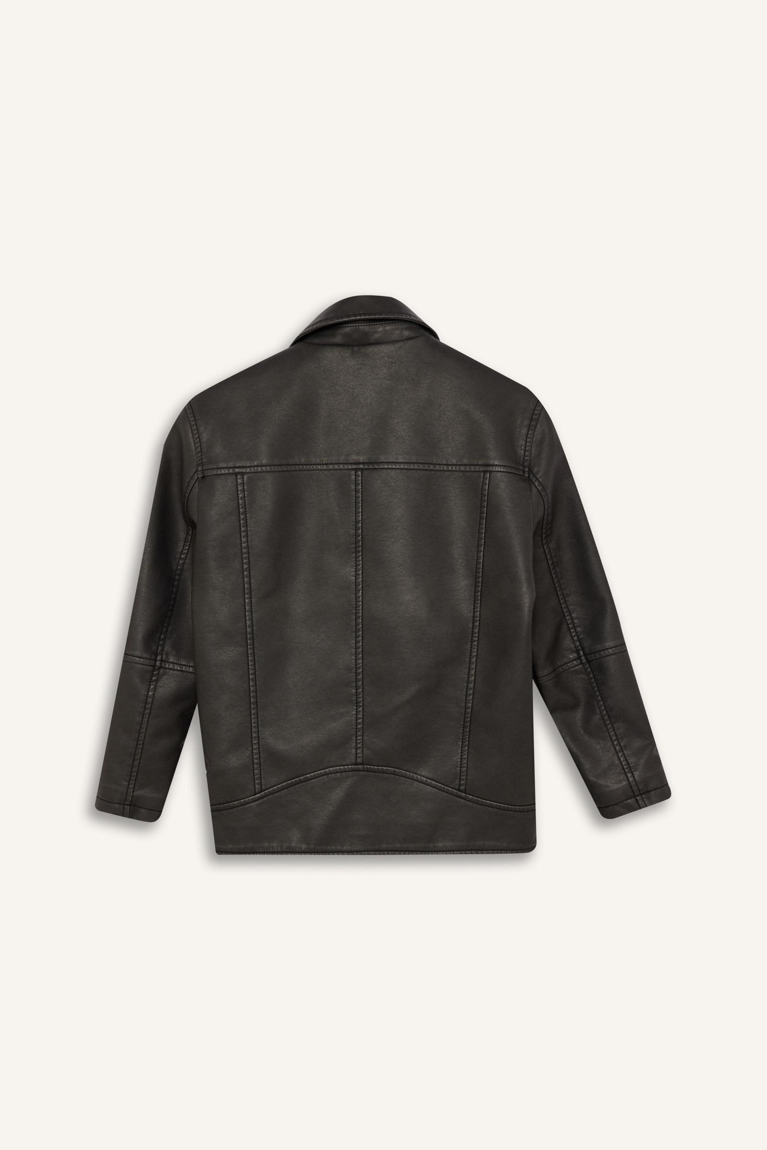 Defacto Girl Zip-Up Double Pocket Faux Leather Waterproof Jacket