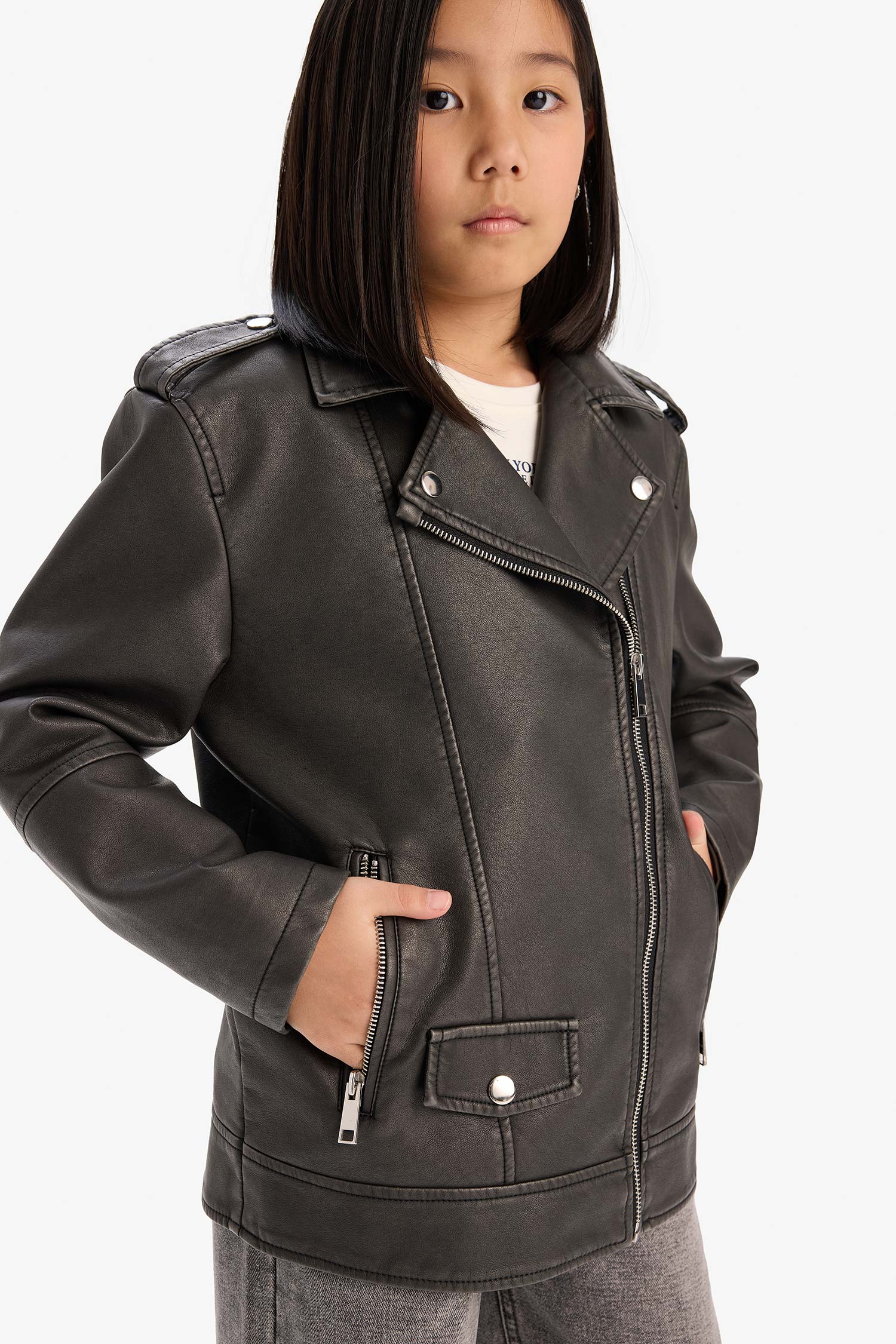 Defacto Girl Zip-Up Double Pocket Faux Leather Waterproof Jacket